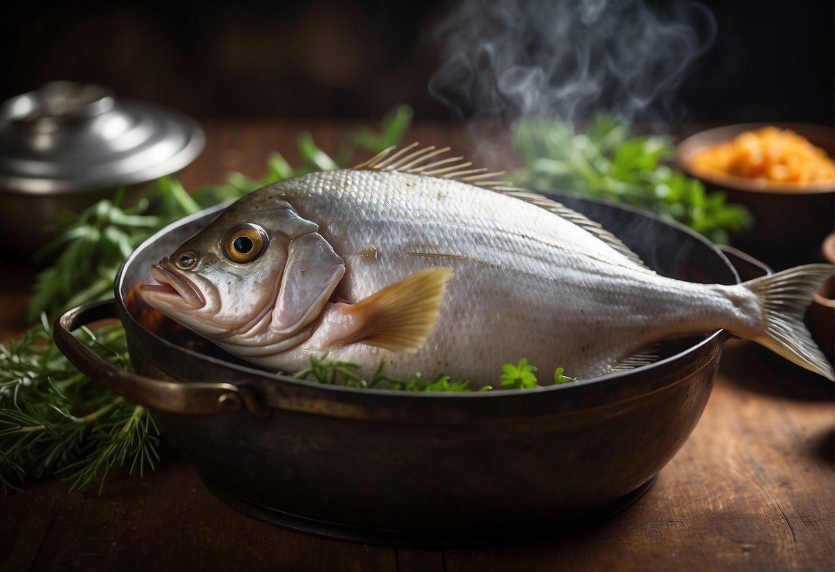 A steaming pomfret fish in a traditional Chinese cooking pot, surrounded by aromatic herbs and spices