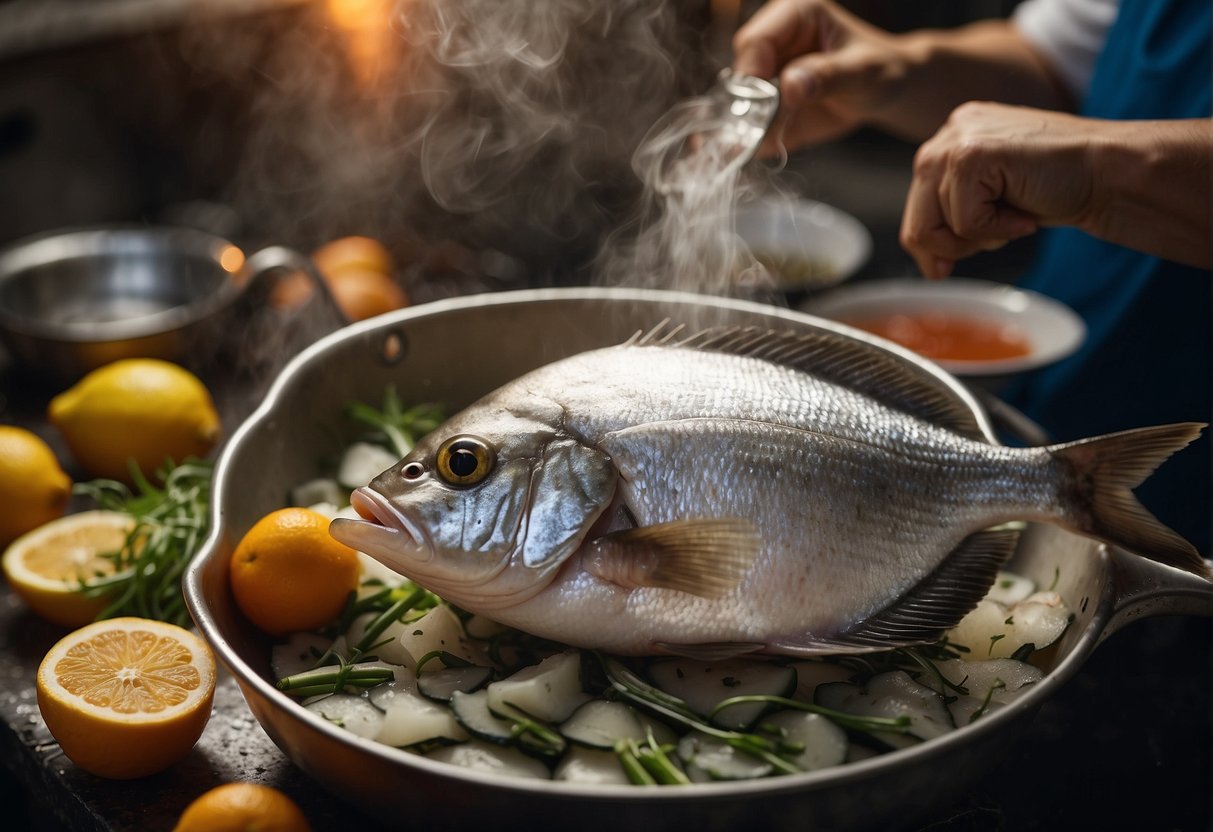 A hand reaches for a fresh pomfret fish, steam rising from a pot. Ingredients and utensils are neatly arranged on a kitchen counter