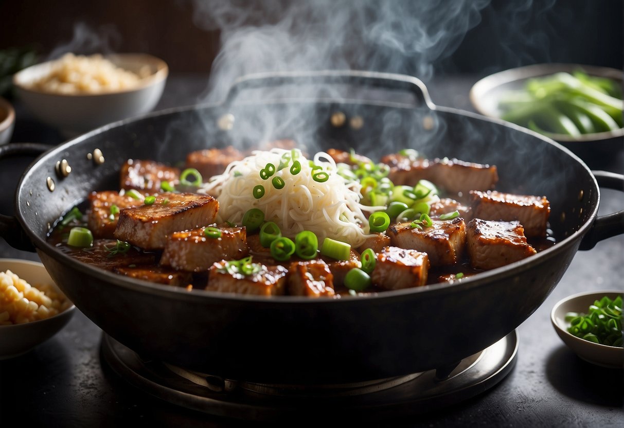 Sizzling pork belly in a wok, surrounded by garlic, ginger, and green onions, with steam rising and a savory aroma filling the air