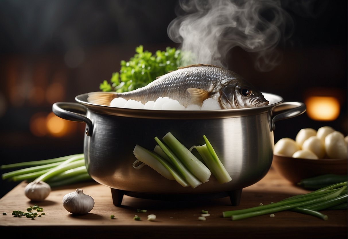 A steaming pot with a whole pomfret fish surrounded by Chinese cooking ingredients like ginger, soy sauce, and green onions