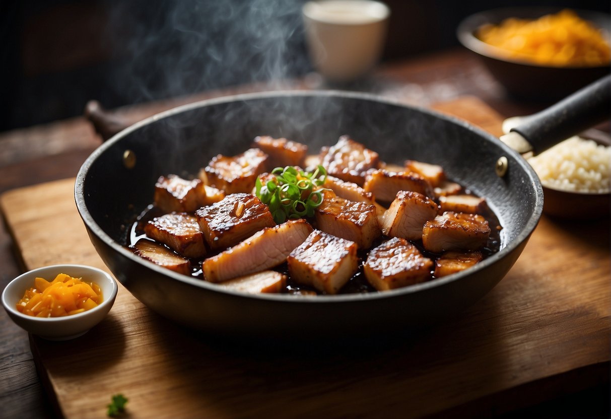 Pork belly sizzling in a wok, surrounded by ginger, garlic, and soy sauce. Nearby, a bowl of brown sugar and sherry vinegar sit ready for substitution