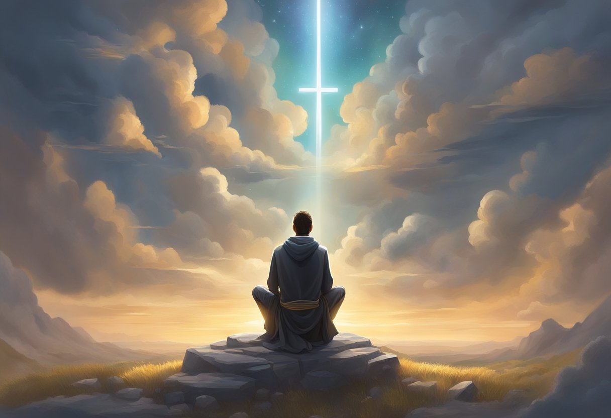 A figure kneels in prayer, surrounded by symbols of purpose and calling. Light breaks through clouds, illuminating the scene