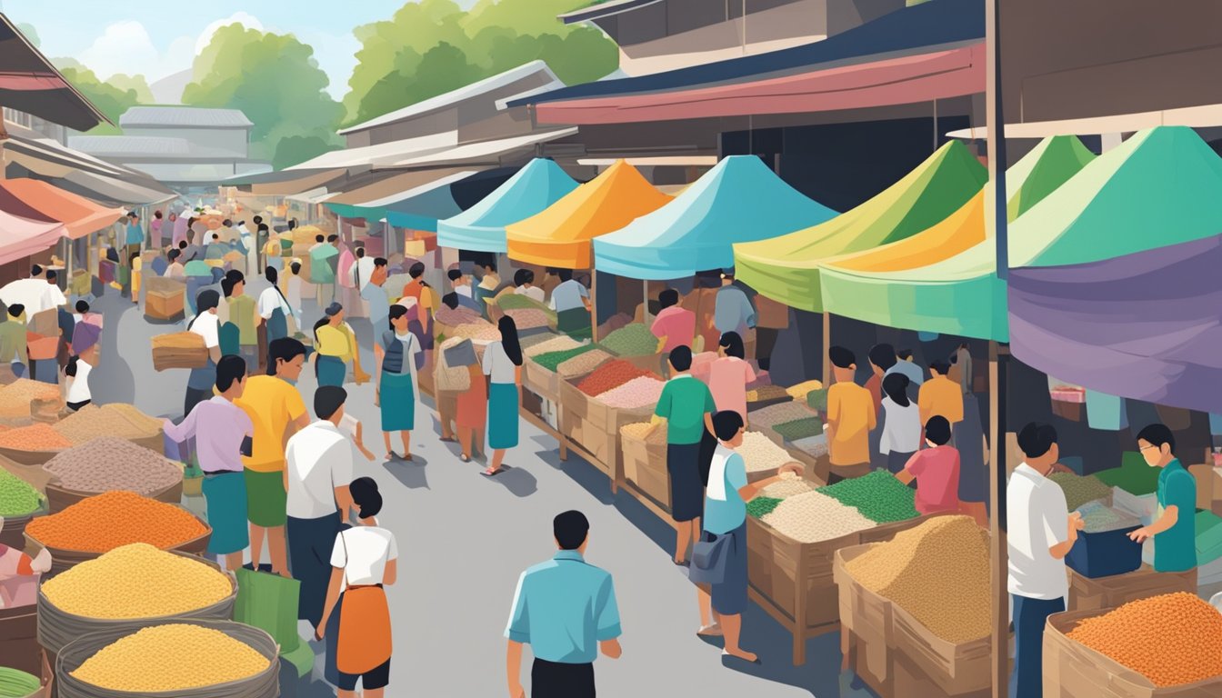 A bustling Singapore market with colorful rice sacks stacked high, customers browsing, and vendors busy selling