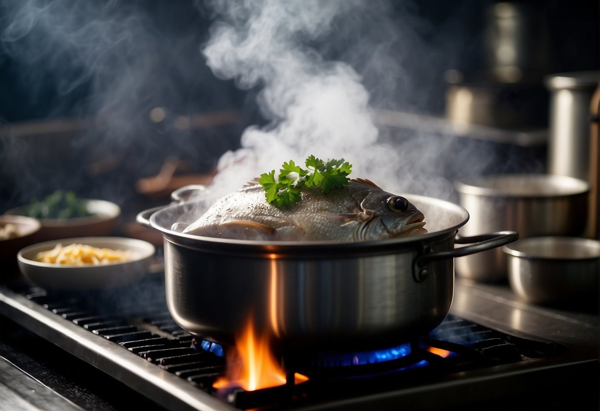 Steam rises from a pot of pomfret cooking in a Chinese recipe