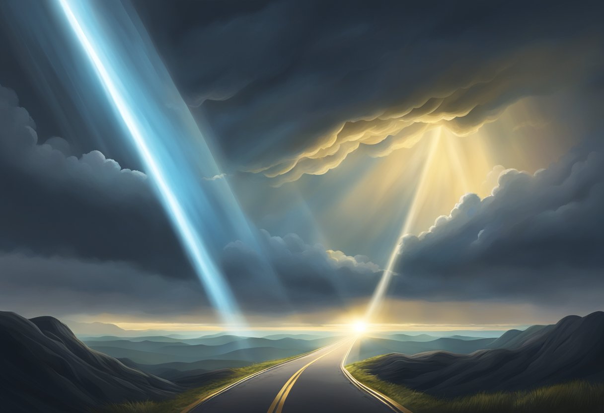 A beam of light breaking through dark clouds, illuminating a path leading to a distant, purposeful destination