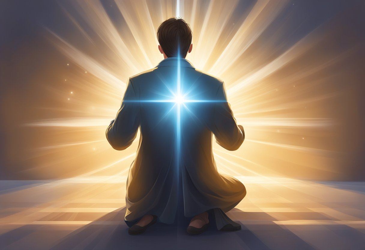 A person kneeling in prayer, surrounded by a beam of light, with a sense of clarity and purpose emanating from within