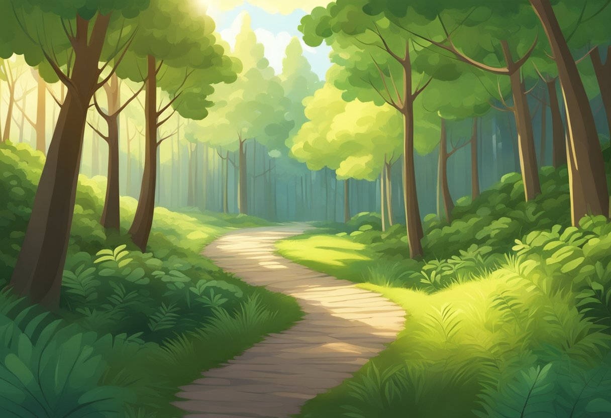 A winding path leads through a dense forest, with trees and bushes obstructing the way. Sunlight filters through the branches, illuminating the obstacles ahead