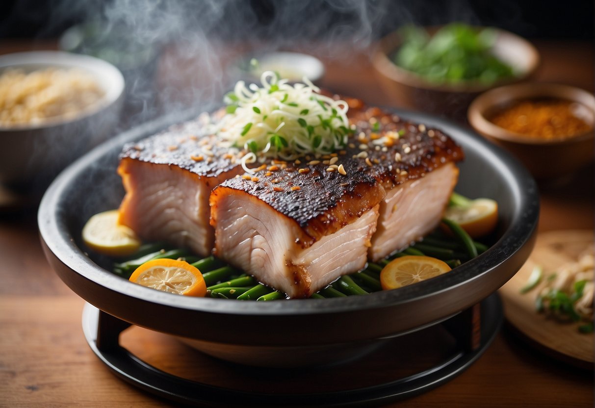 Pork belly being steamed with Chinese seasonings on a bamboo steamer