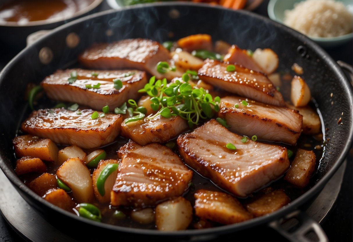 Pork belly sizzling in a wok with ginger, garlic, and soy sauce. Steam rising, filling the kitchen with savory aroma