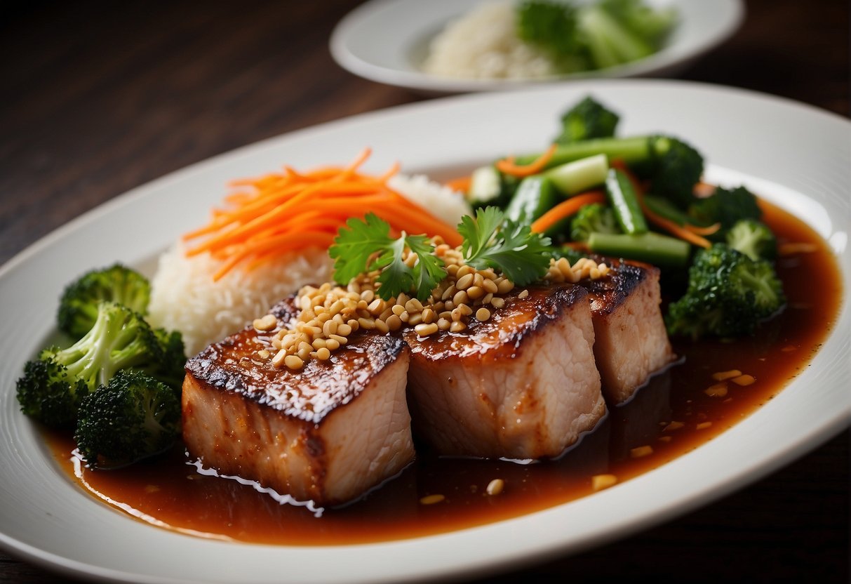 A sizzling pork belly dish is being served with steamed vegetables and paired with a traditional Chinese sauce