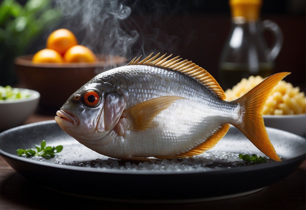 Steam pomfret in a Chinese kitchen with flavor enhancers