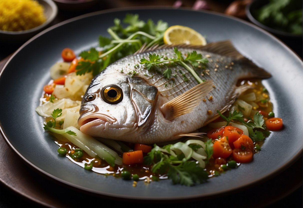 A steaming pomfret fish dish with Chinese seasonings, garnished with fresh herbs and served on a decorative platter