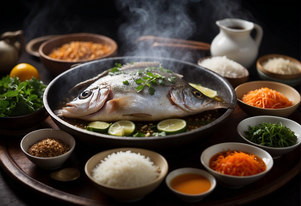 A steaming pot of pomfret fish surrounded by Chinese cooking ingredients and utensils