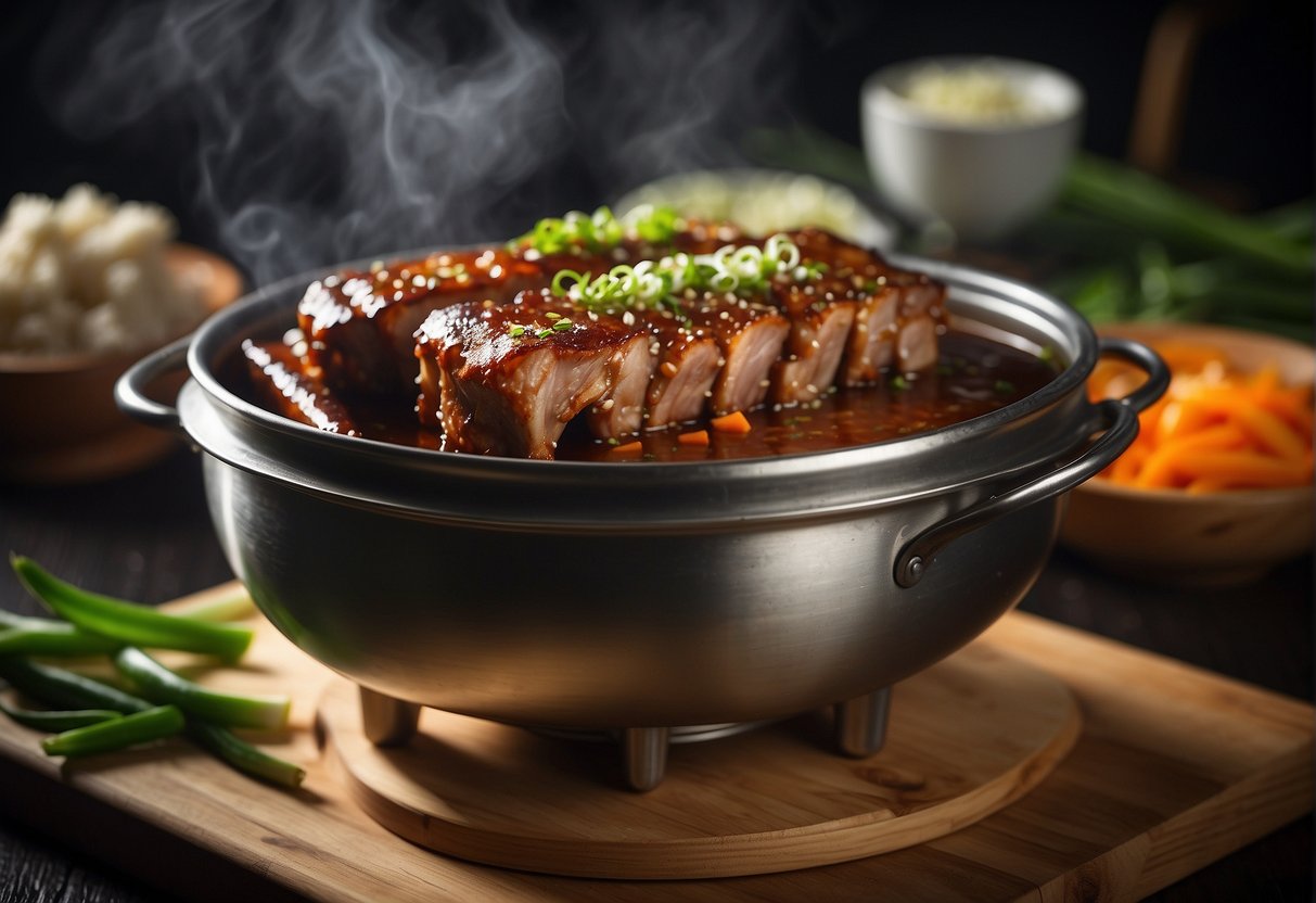 Steam pork ribs in a bamboo steamer over a pot of boiling water. Sprinkle with soy sauce, ginger, and garlic. Garnish with green onions