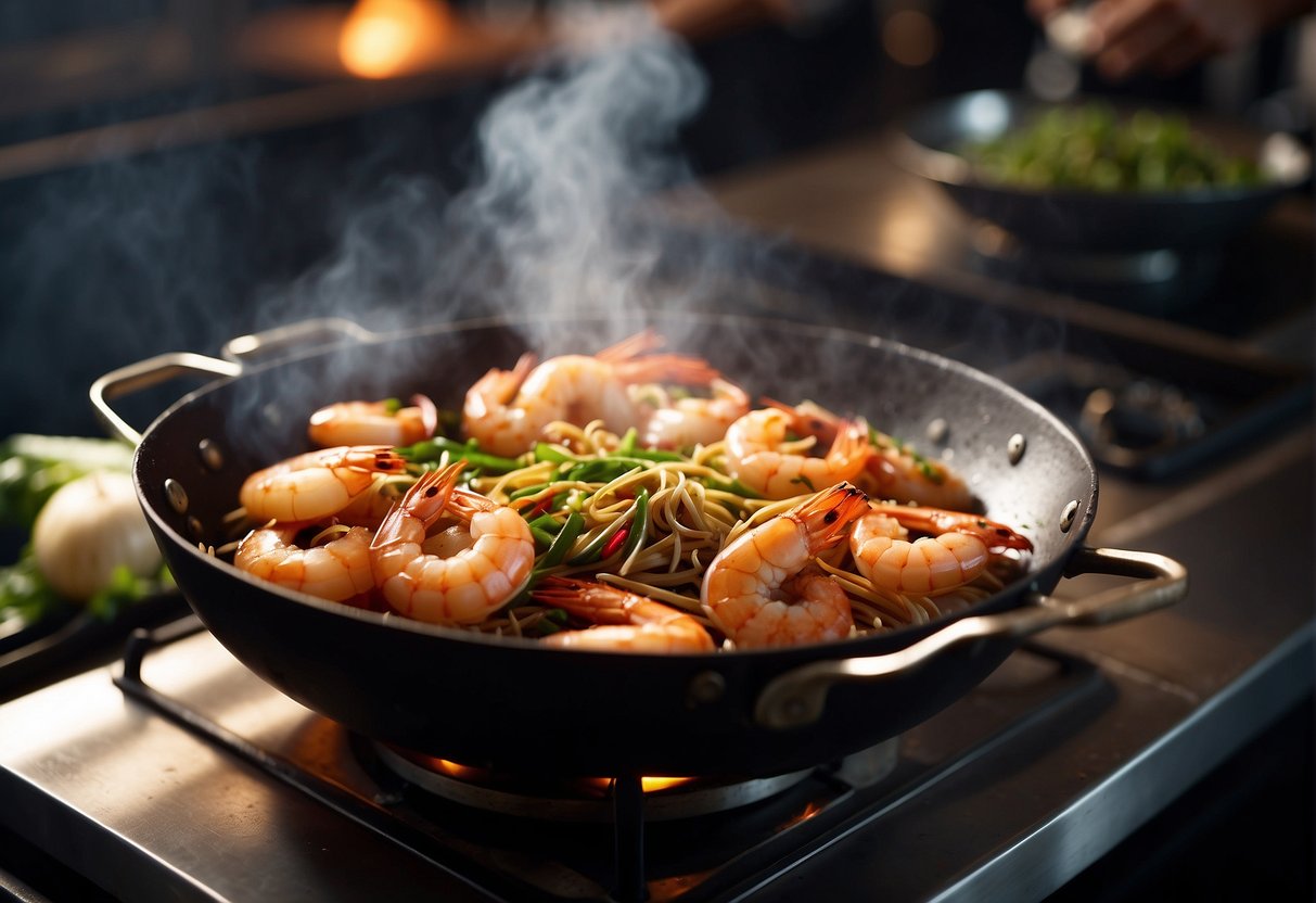 A hot wok sizzles as plump prawns are tossed with ginger, garlic, and soy sauce. Steam rises, carrying the aroma of savory Chinese spices