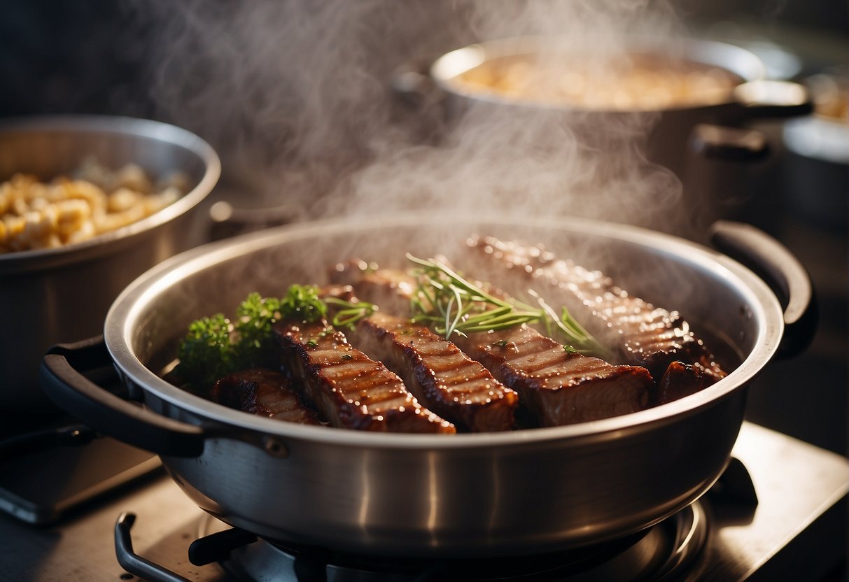 Pork ribs sizzle in a bamboo steamer over a pot of boiling water. Aromatic steam rises, infusing the meat with traditional Chinese flavors