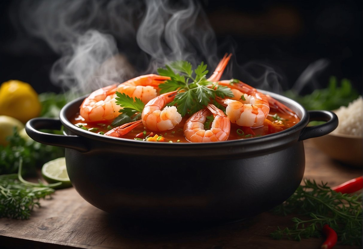 A steaming pot of prawns in a flavorful Chinese sauce, surrounded by aromatic herbs and spices, with steam rising from the dish