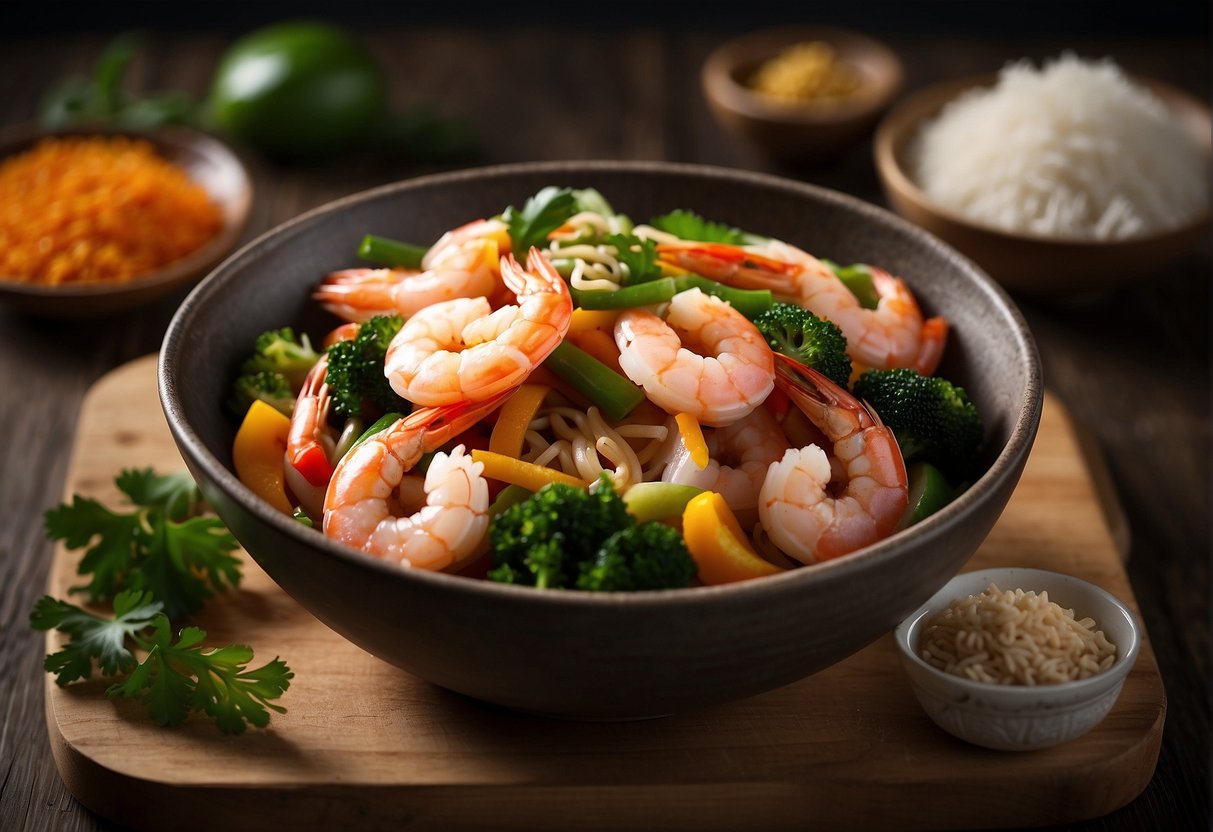 A steaming bowl of prawn stir-fry with traditional Chinese ingredients and possible substitutes laid out on a wooden cutting board