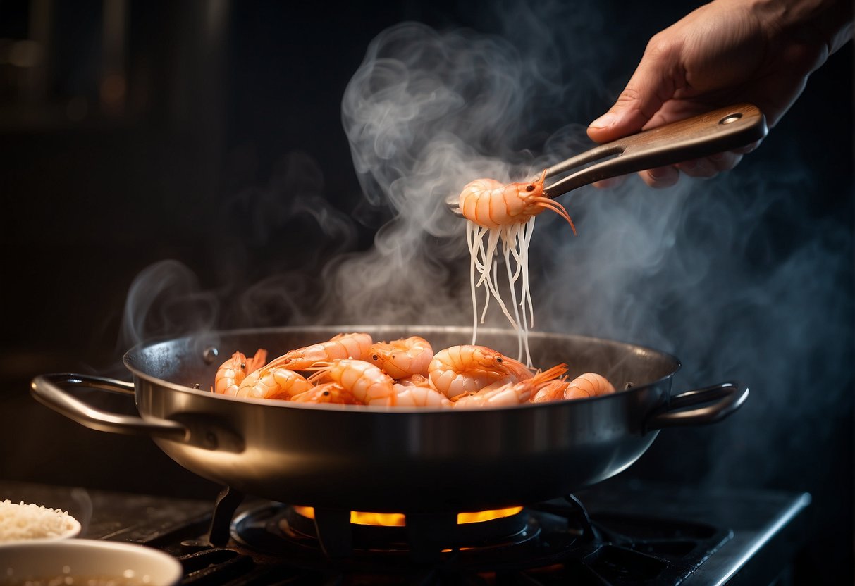 Prawns sizzle in a hot wok, surrounded by billowing steam. A chef's hand holds a spatula, tossing the prawns with precision