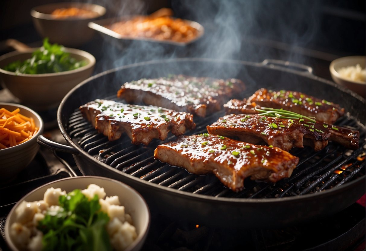 Pork ribs sizzling on a hot grill, surrounded by bowls of soy sauce, ginger, garlic, and hoisin sauce. Steam rises as the marinade is brushed on, filling the air with savory aromas