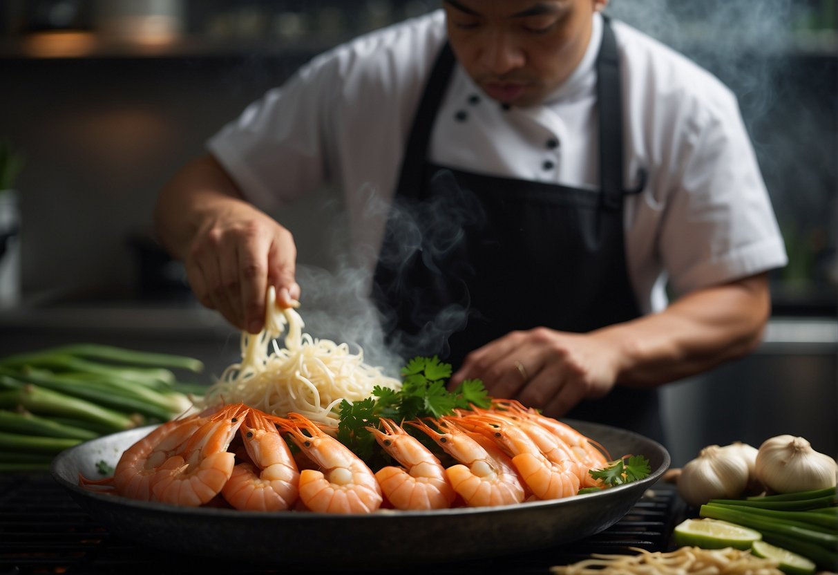 Steam prawns arranged on a platter surrounded by ginger, scallions, and garlic. A wok sizzles with hot oil as the chef prepares the dish