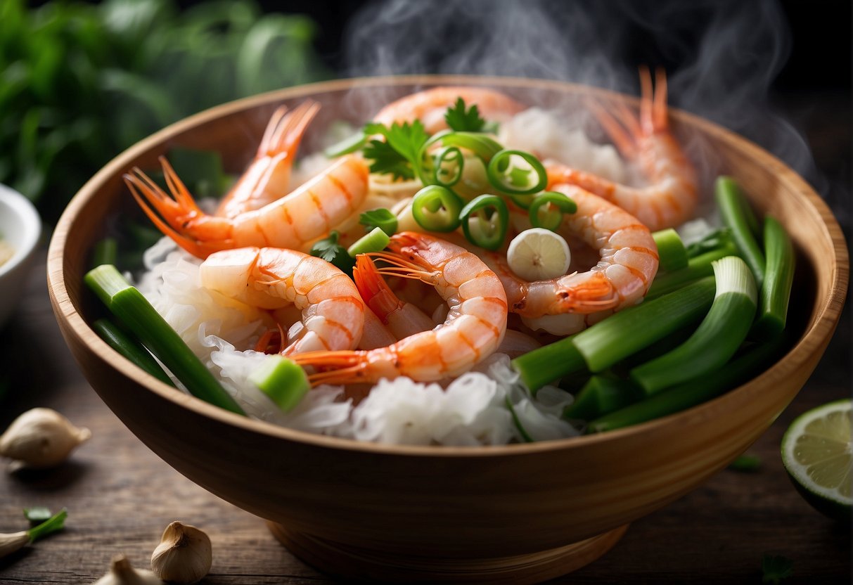 Steaming prawns in a bamboo steamer, surrounded by sliced ginger, garlic, and green onions. A delicate steam rises from the dish, creating an inviting and appetizing scene