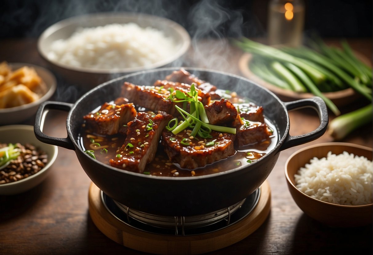 Pork ribs sizzle in a bamboo steamer over boiling water, surrounded by ginger, garlic, and green onions. Soy sauce and rice wine add a savory aroma to the kitchen