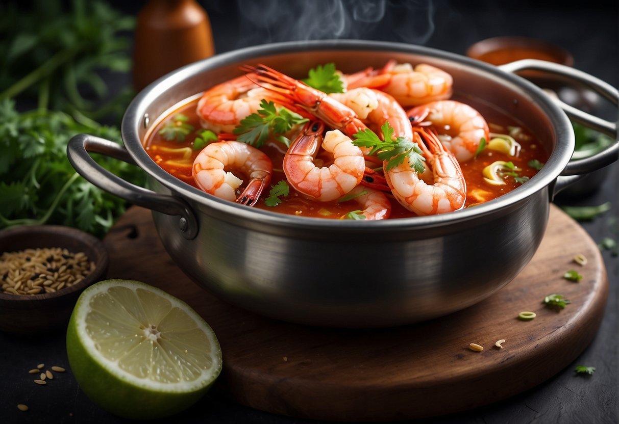 A steaming pot of prawns in a flavorful Chinese sauce, surrounded by aromatic herbs and spices, with a bowl of rice on the side