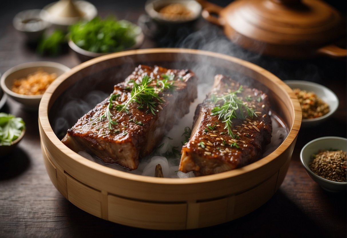 Steam pork ribs sizzle in a bamboo steamer, surrounded by aromatic spices and herbs. A pair of chopsticks hovers nearby, ready to serve and enjoy