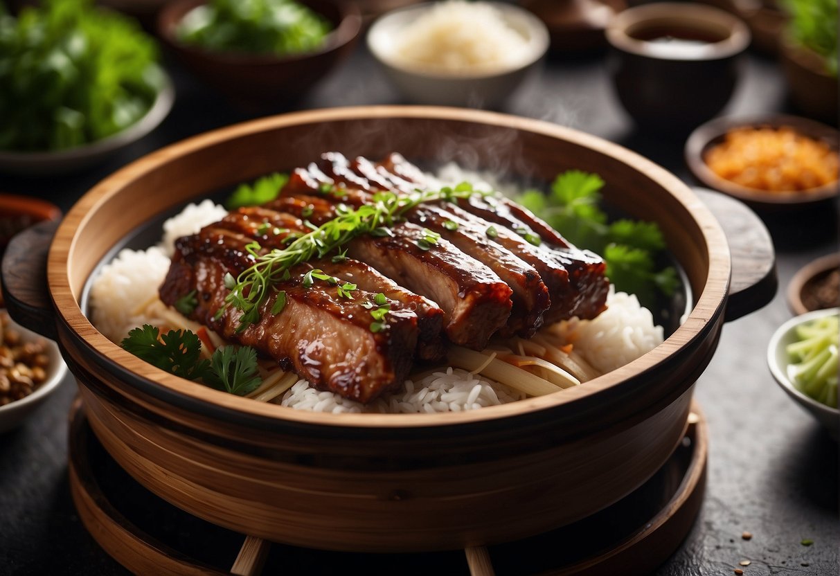 Steam pork ribs sizzle in a bamboo steamer, surrounded by traditional Chinese ingredients like ginger, garlic, and soy sauce