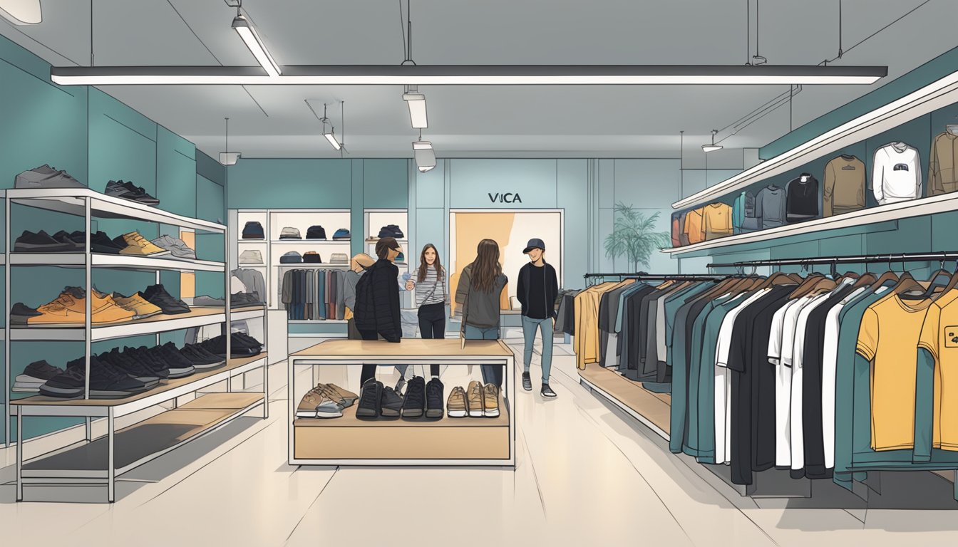 Customers browsing racks of RVCA clothing, with bright, modern store design and friendly staff assisting