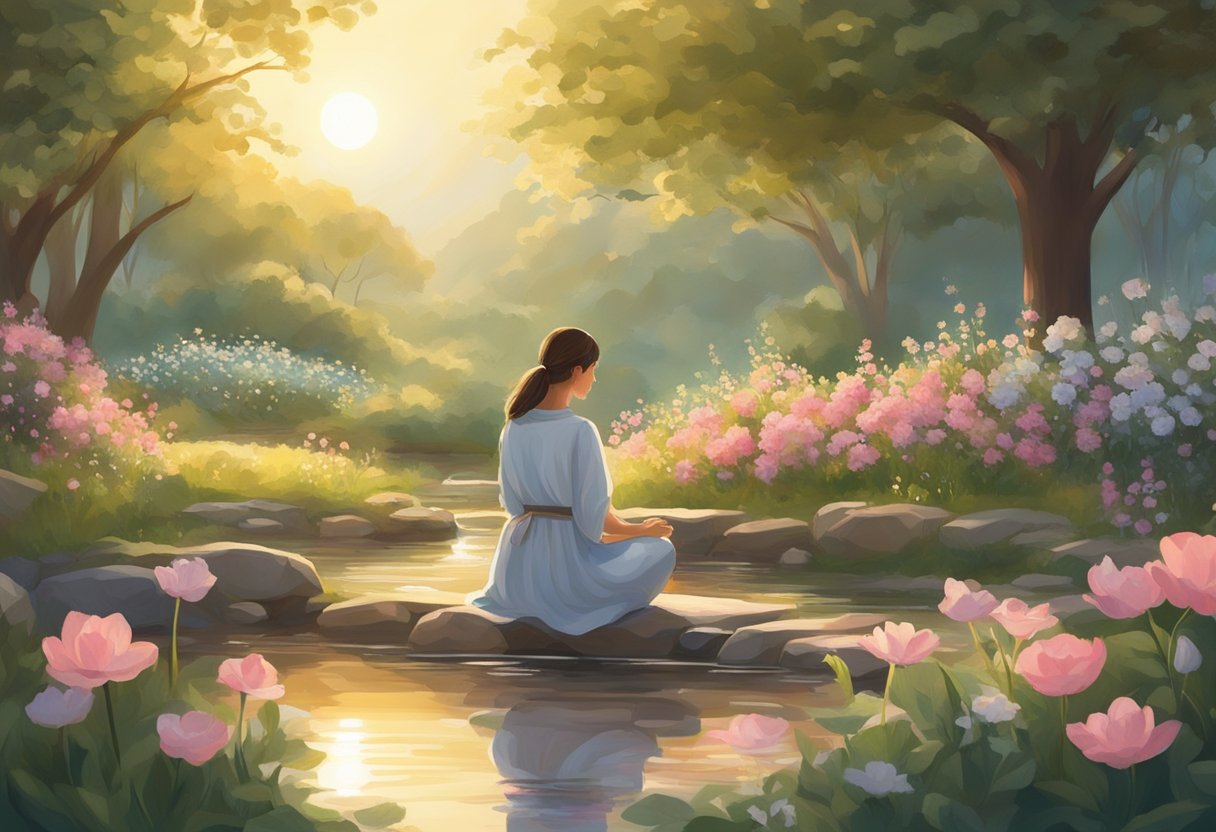 A serene garden with blooming flowers, a gentle stream, and a warm, glowing sun. A figure kneels in quiet contemplation, surrounded by symbols of hope and renewal