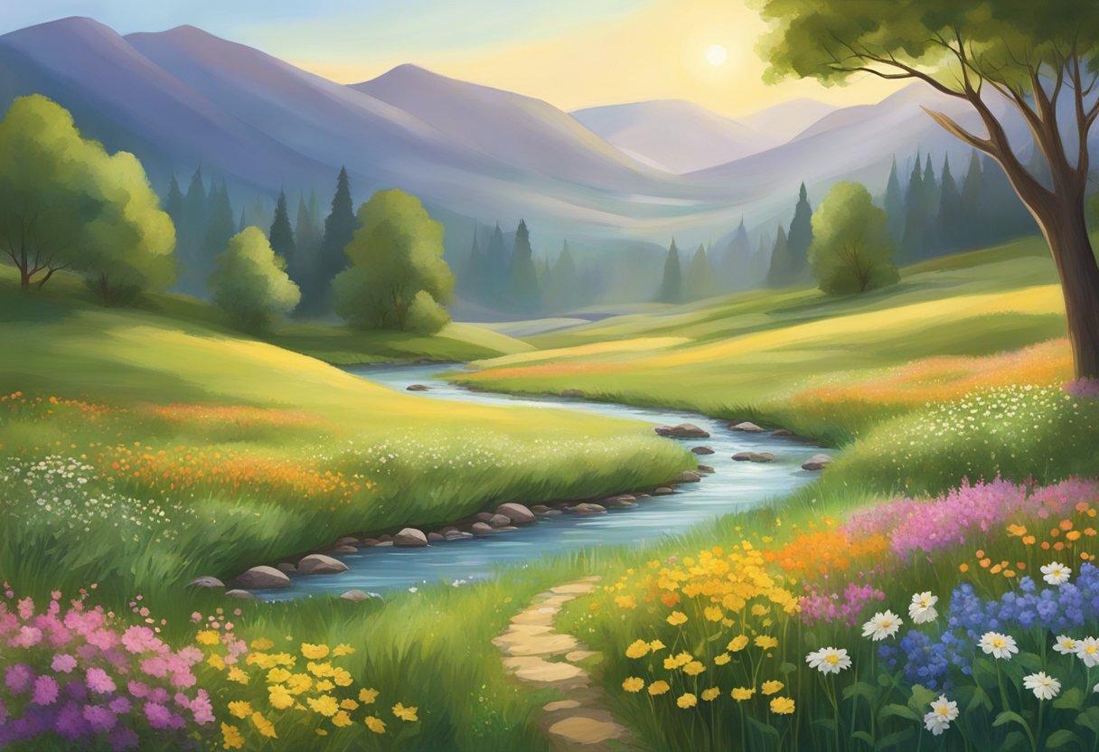 A serene, sunlit meadow with a winding stream, surrounded by gentle hills and colorful wildflowers, evoking a sense of peace and healing
