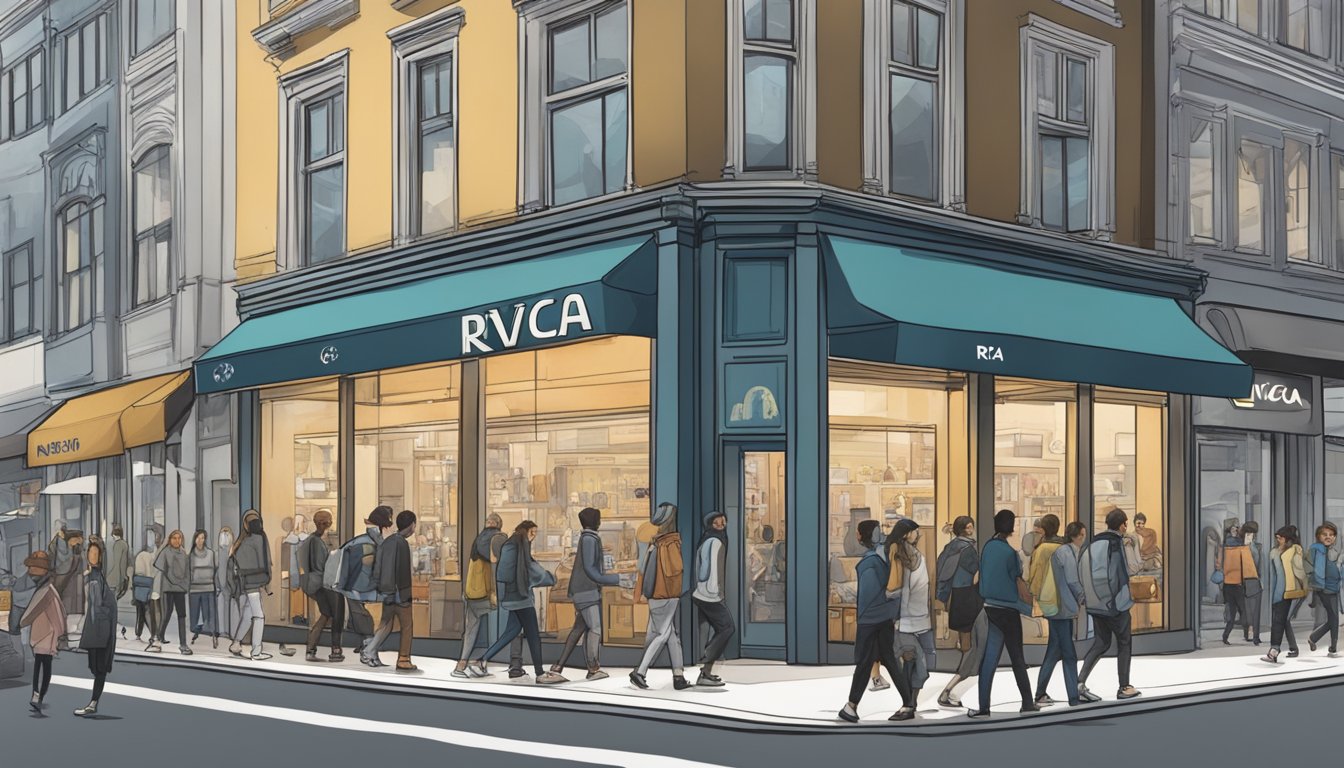 A bustling city street with a prominent RVCA storefront, surrounded by curious shoppers and passersby