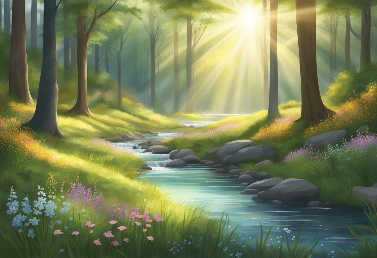A serene forest clearing with rays of sunlight shining through the trees, surrounded by blooming wildflowers and a gentle stream flowing nearby