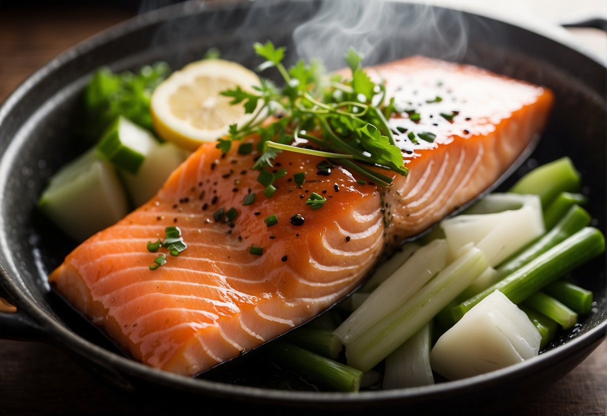 Steam salmon in a bamboo steamer over a pot of boiling water. Garnish with ginger, scallions, and soy sauce. Serve with a side of steamed vegetables