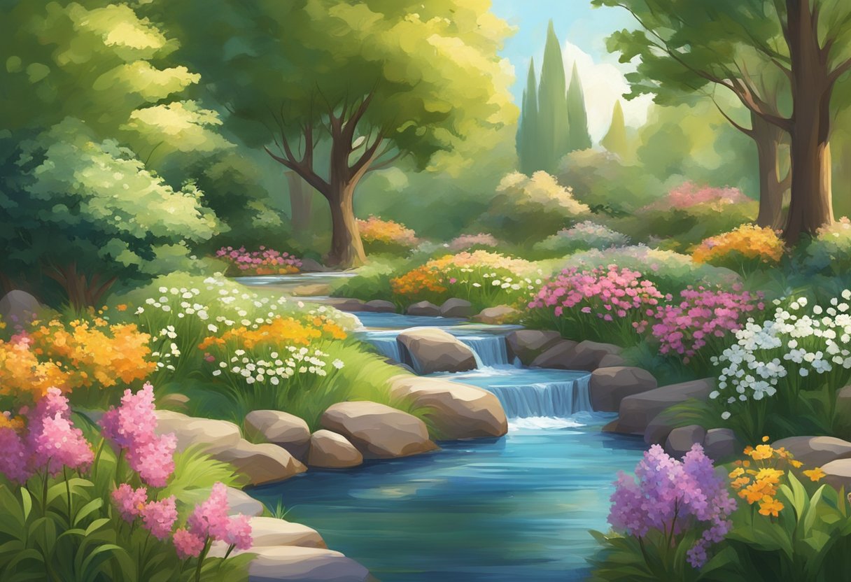 A serene garden with blooming flowers and a gentle stream, surrounded by tall trees and bathed in warm sunlight