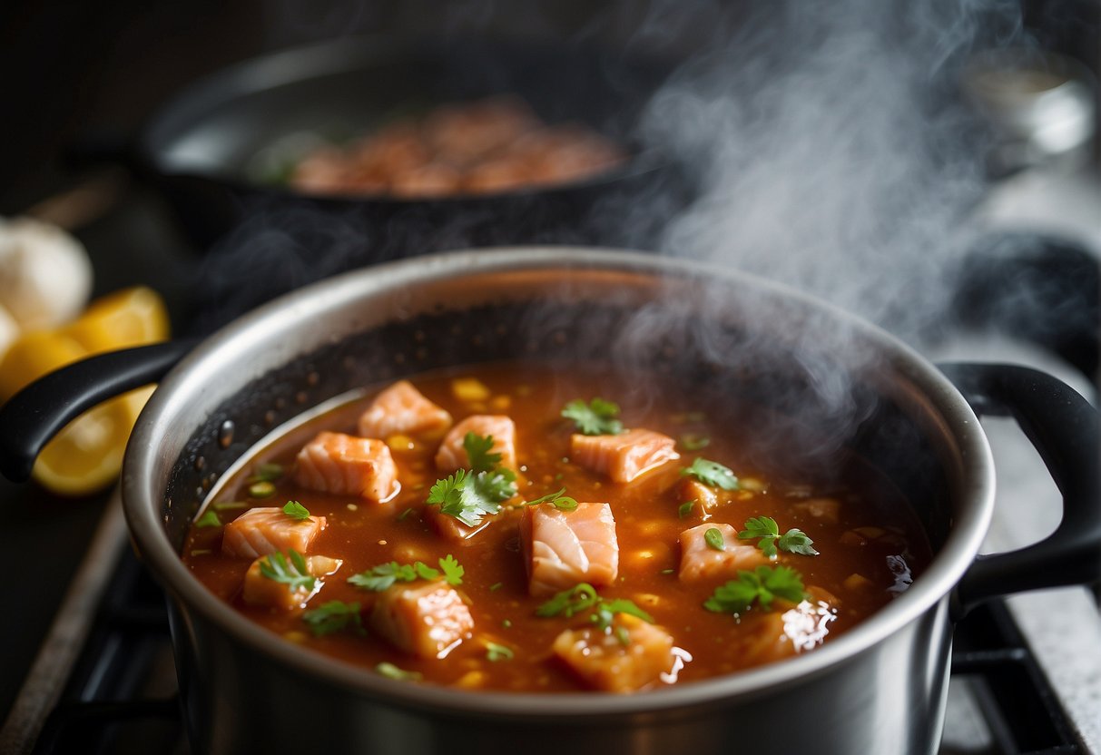 A steaming pot of Chinese-style sauce simmers on the stove, ready to be drizzled over perfectly cooked salmon. Ingredients like soy sauce, ginger, and garlic fill the air with a tantalizing aroma