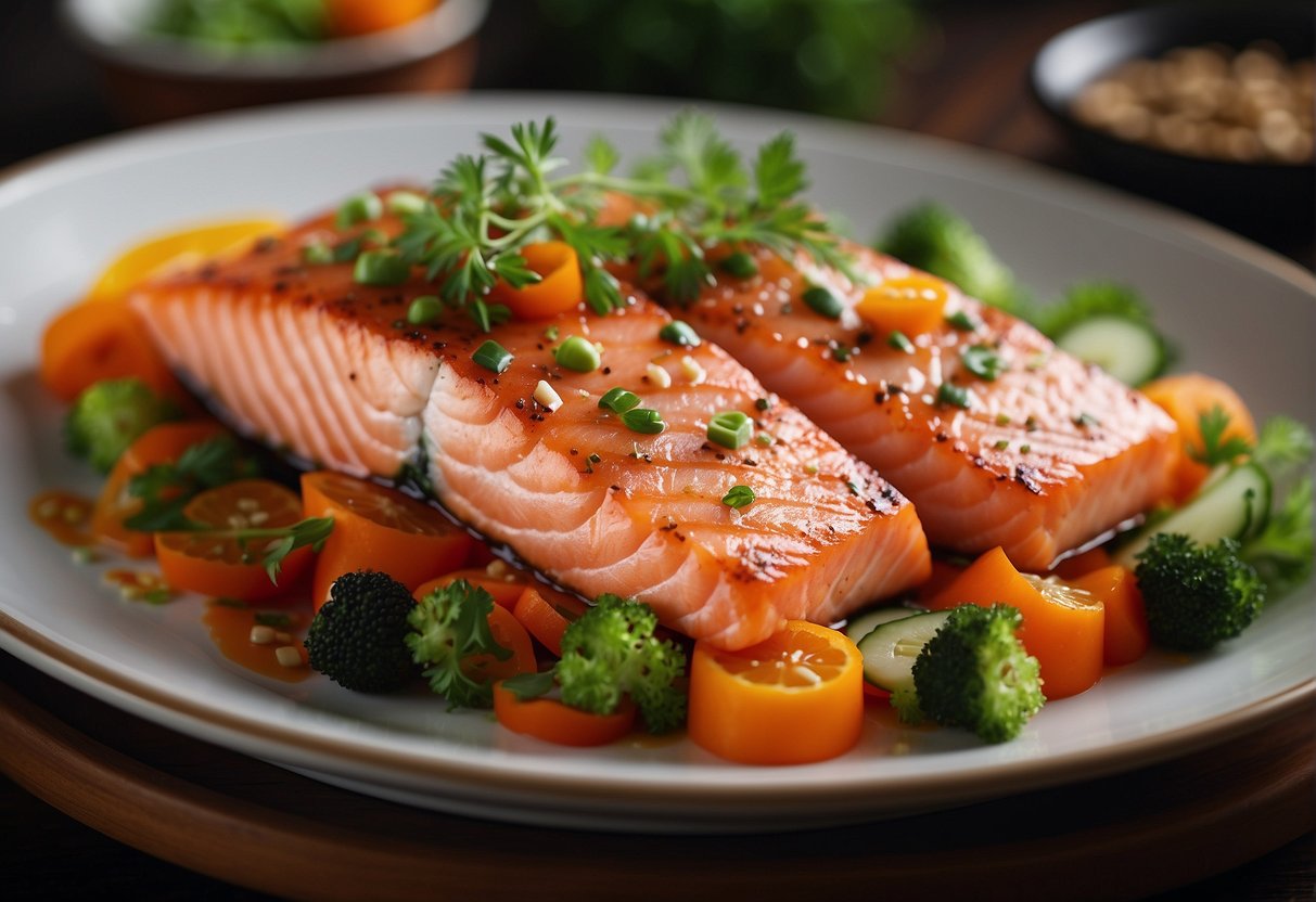 A steaming platter of Chinese-style salmon with vibrant garnishes, placed on a decorative serving dish