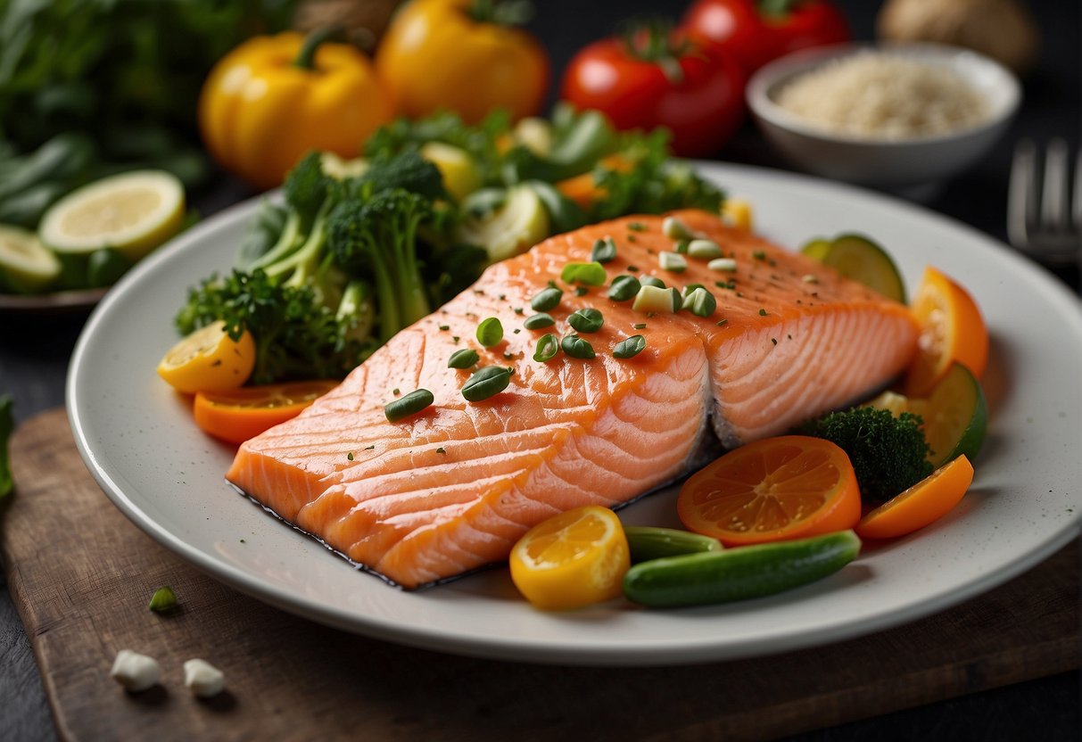 Steamed salmon surrounded by colorful vegetables, with a label displaying nutritional information and benefits
