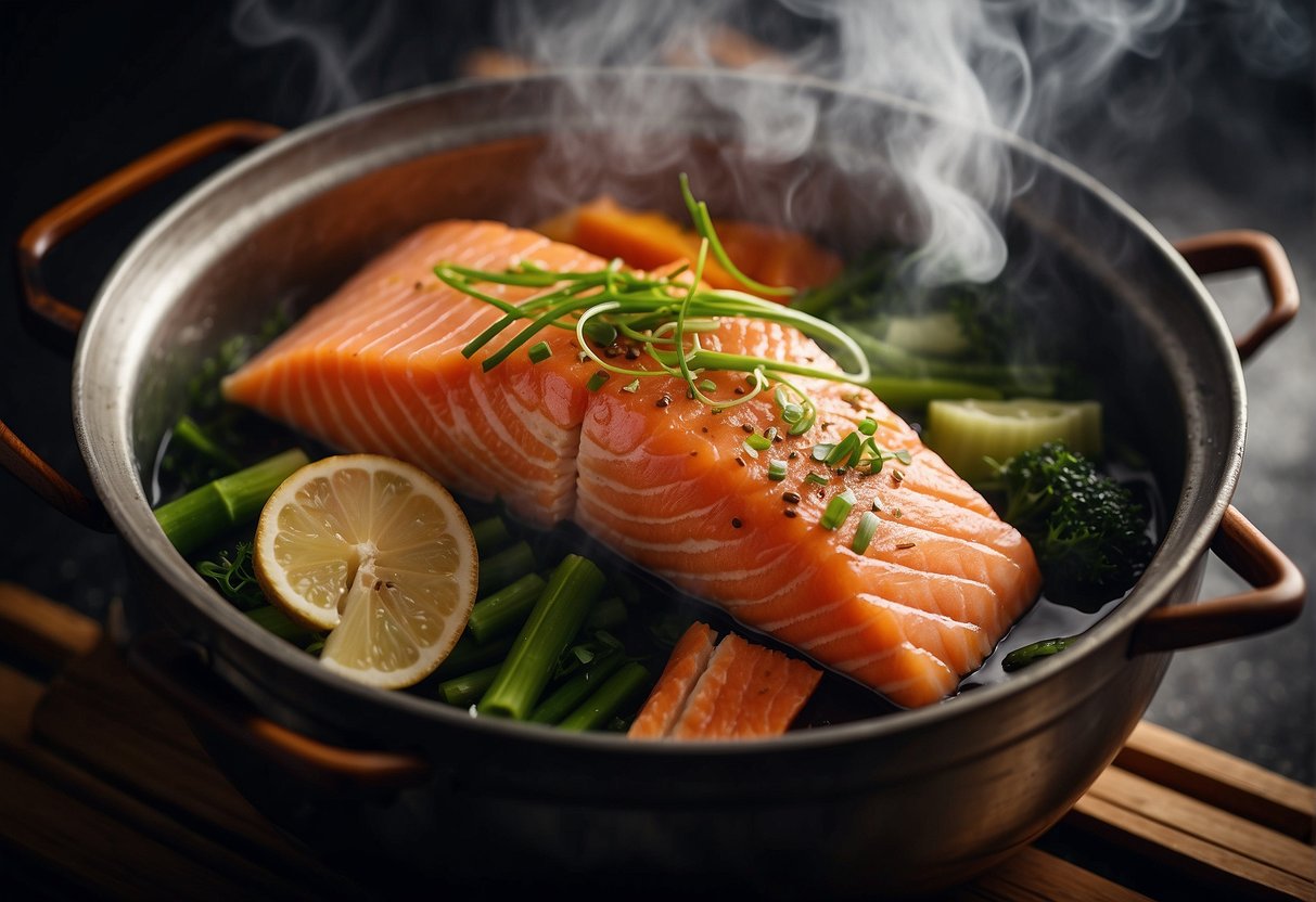 Salmon steaming in a bamboo steamer, surrounded by traditional Chinese ingredients like ginger, scallions, and soy sauce. A cloud of steam rises from the pot, filling the air with a savory aroma
