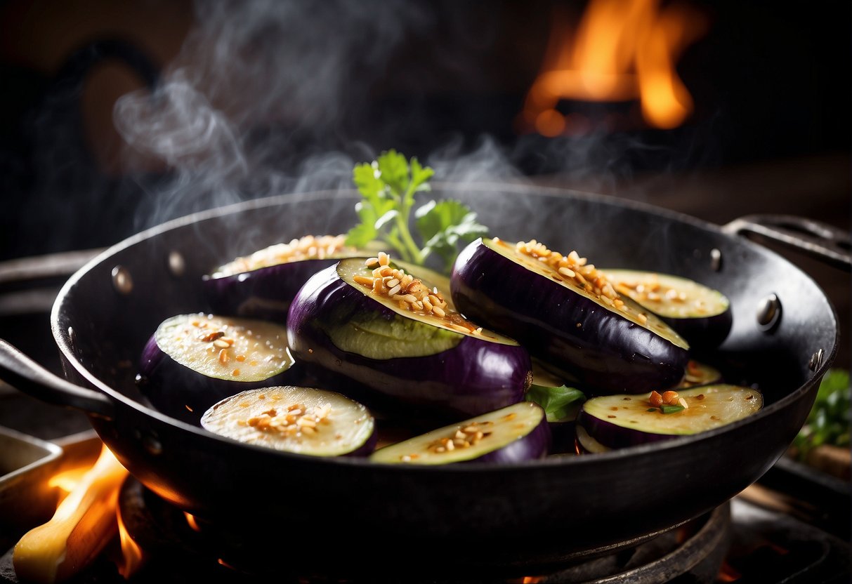 Eggplants sizzle in a wok with garlic, ginger, and soy sauce. Steam rises as the vegetables cook, filling the air with a savory aroma