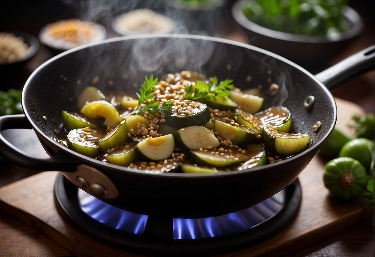 Steamed brinjal, garlic, soy sauce, and sesame oil in a wok. Steam rising, aroma filling the air. Ingredients arranged on a wooden cutting board