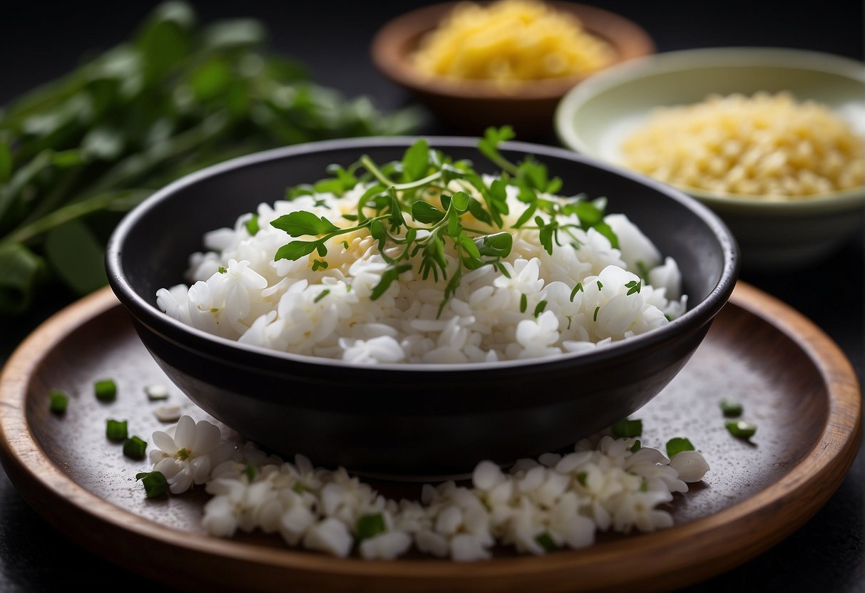 A steaming hot plate of Chinese-style steamed brinjal, garnished with fresh herbs and paired with a side of fragrant jasmine rice