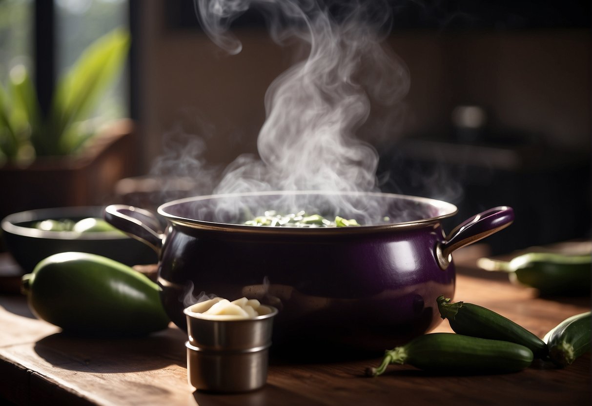 Steaming brinjal in a traditional Chinese kitchen, with a pot of boiling water and a plate of freshly cut eggplants