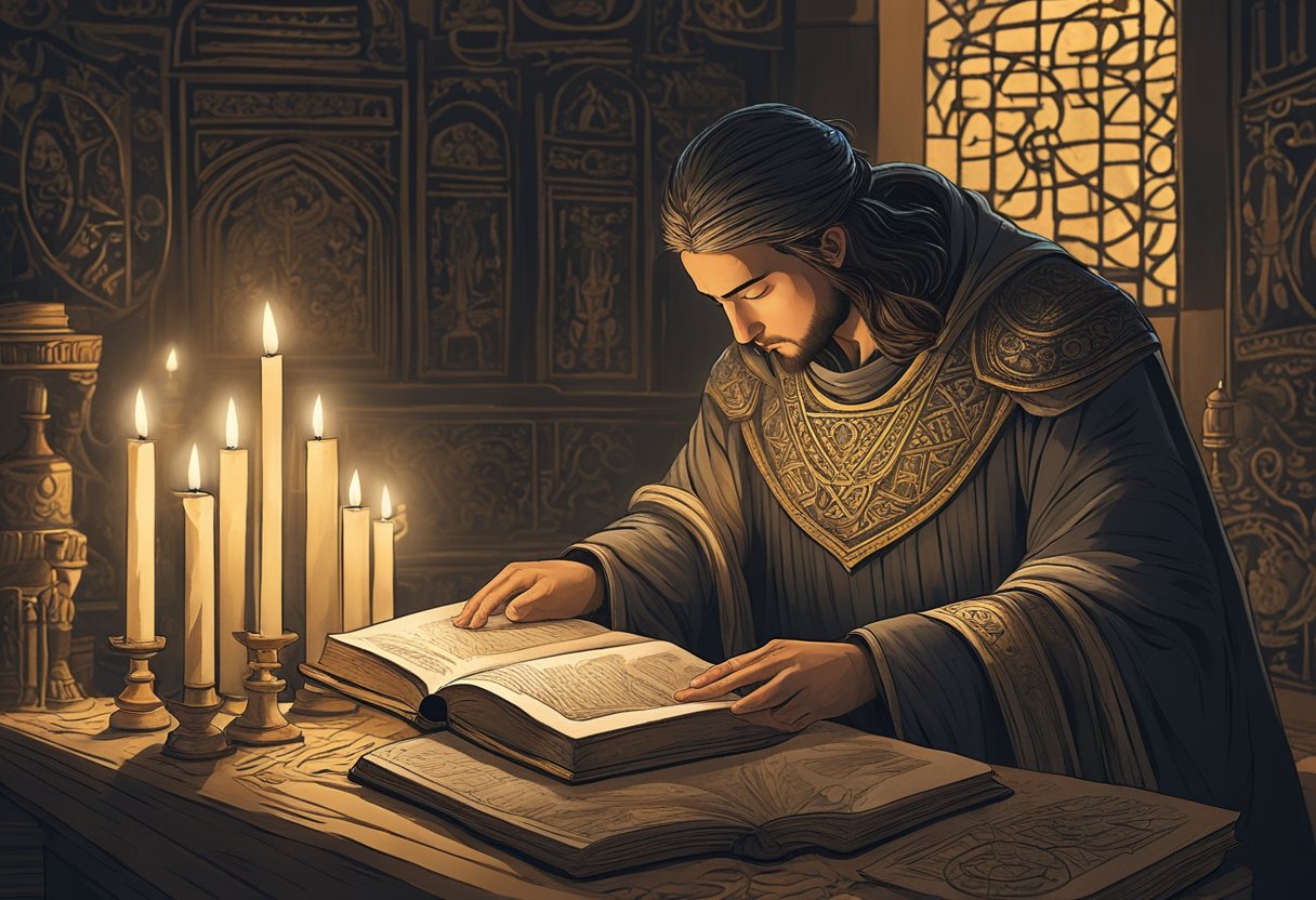 A lone figure stands in a dimly lit room, surrounded by flickering candles and ancient symbols. They clasp a worn book tightly, eyes closed in concentration as they prepare for battle against dark forces