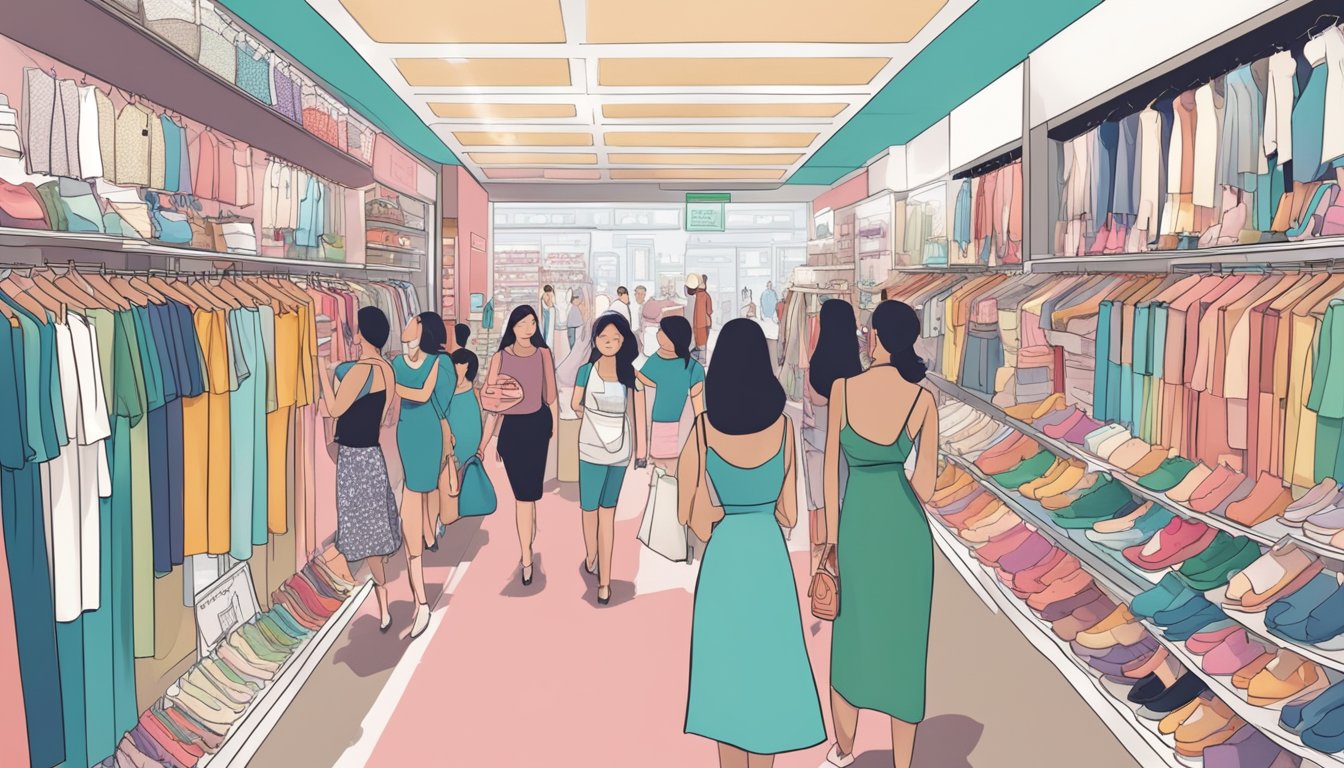 A bustling shopping street in Singapore, with vibrant storefronts displaying a variety of shapewear options. Shoppers peruse racks and displays, comparing styles and prices