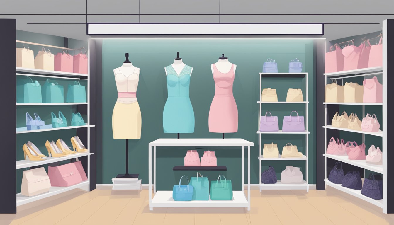 A display of shapewear in a Singapore store, with various styles and sizes neatly arranged on shelves, a sign indicating "Frequently Asked Questions" prominently displayed