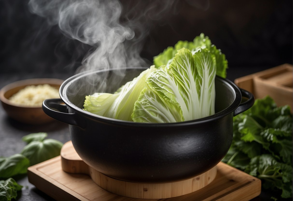 A pot of steamed Chinese cabbage sits on a bamboo steamer, emitting a savory aroma. Drops of condensation glisten on the lid