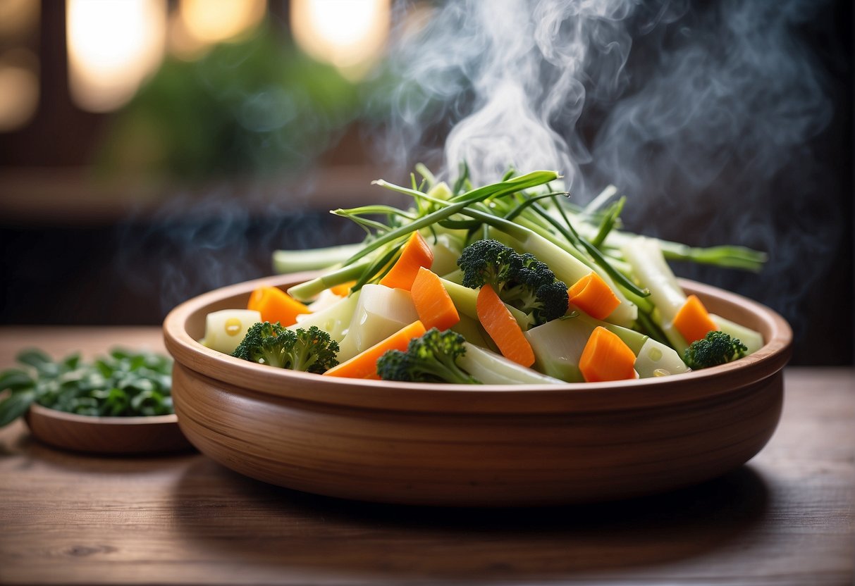 A bamboo steamer filled with vibrant, assorted Chinese vegetables, releasing aromatic steam